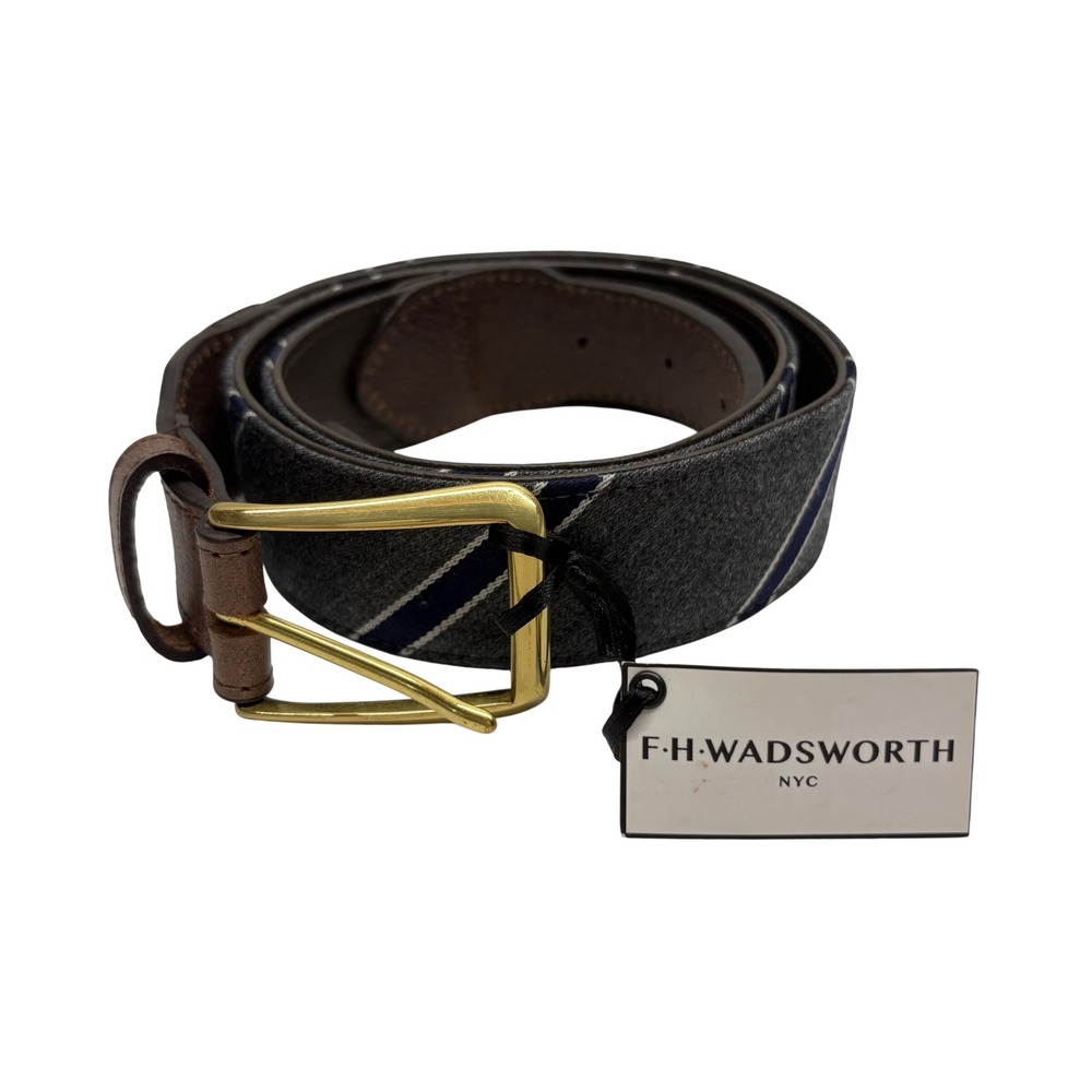 F.H. Wadsworth Belt Mens 36 Grey Striped Leather Trim Solid Brass Handmade NYC